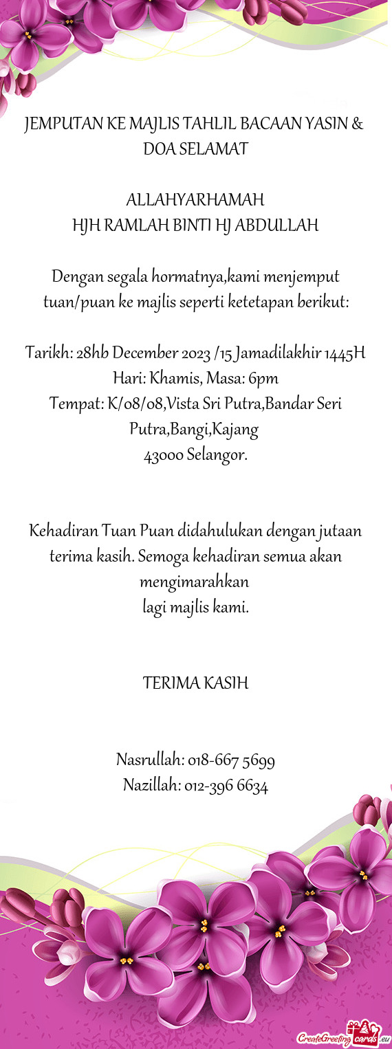 Jemputan Ke Majlis Tahlil Bacaan Yasin Free Cards