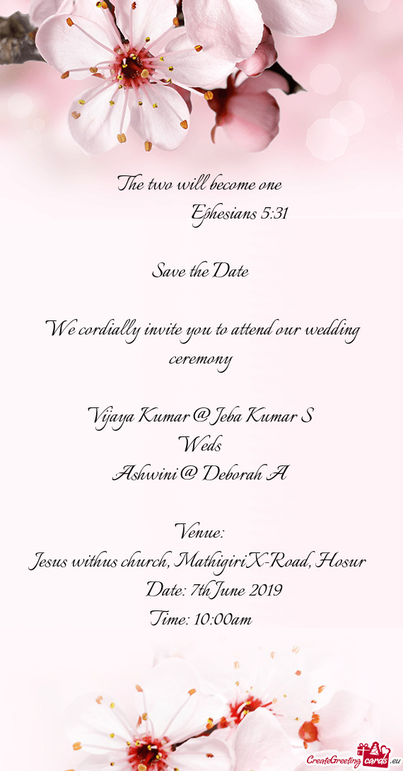31
 
 Save the Date 
 
 We cordially invite you to attend our wedding ceremony
 
 Vijaya Kumar @ Je