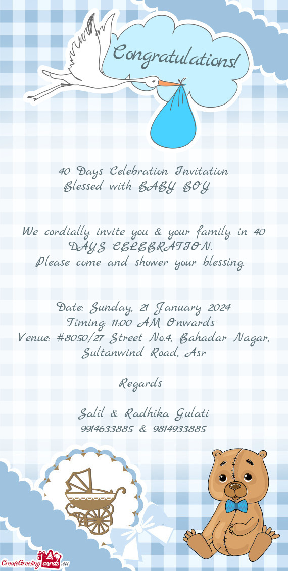 40 Days Celebration Invitation Blessed with BABY BOY ♡  We cordially invite you & your family