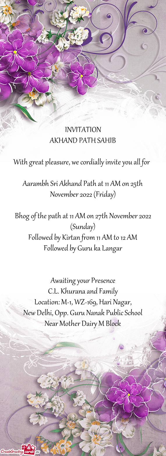 Aarambh Sri Akhand Path at 11 AM on 25th November 2022 (Friday)