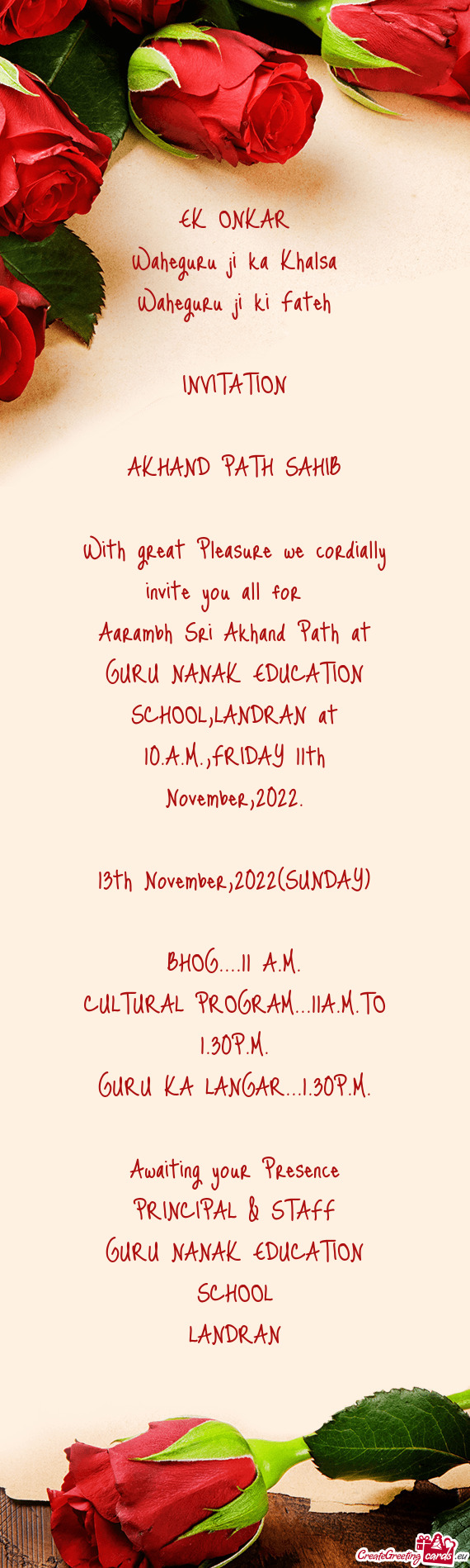 Aarambh Sri Akhand Path at GURU NANAK EDUCATION SCHOOL,LANDRAN at 10.A.M.,FRIDAY 11th November,2022