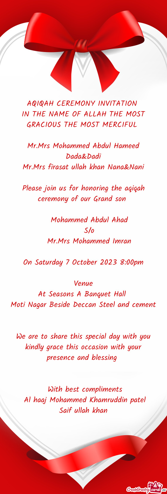 AQIQAH CEREMONY INVITATION IN THE NAME OF ALLAH THE MOST GRACIOUS THE MOST MERCIFUL  Mr