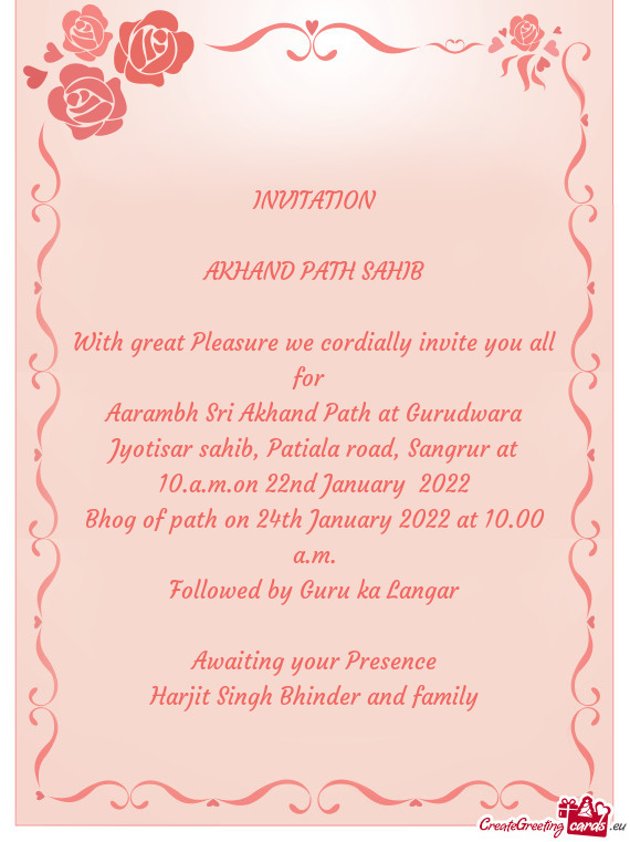 Bhog of path on 24th January 2022 at 10.00 a.m