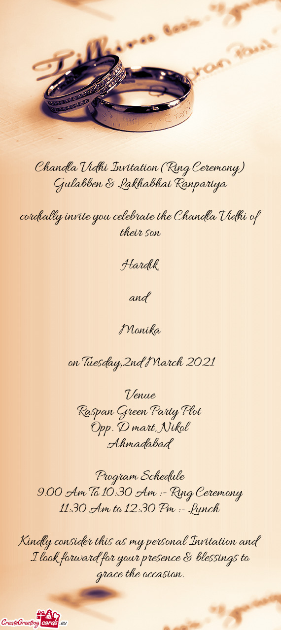 Chandla Vidhi Invitation (Ring Ceremony)