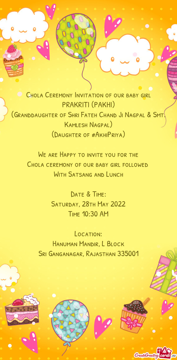 Chola Ceremony Invitation Of Our Baby Girl Free Cards