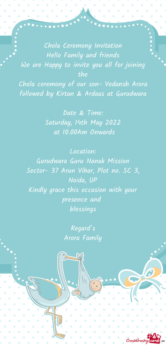 Chola ceremony of our son- Vedansh Arora followed by Kirtan & Ardaas at Gurudwara