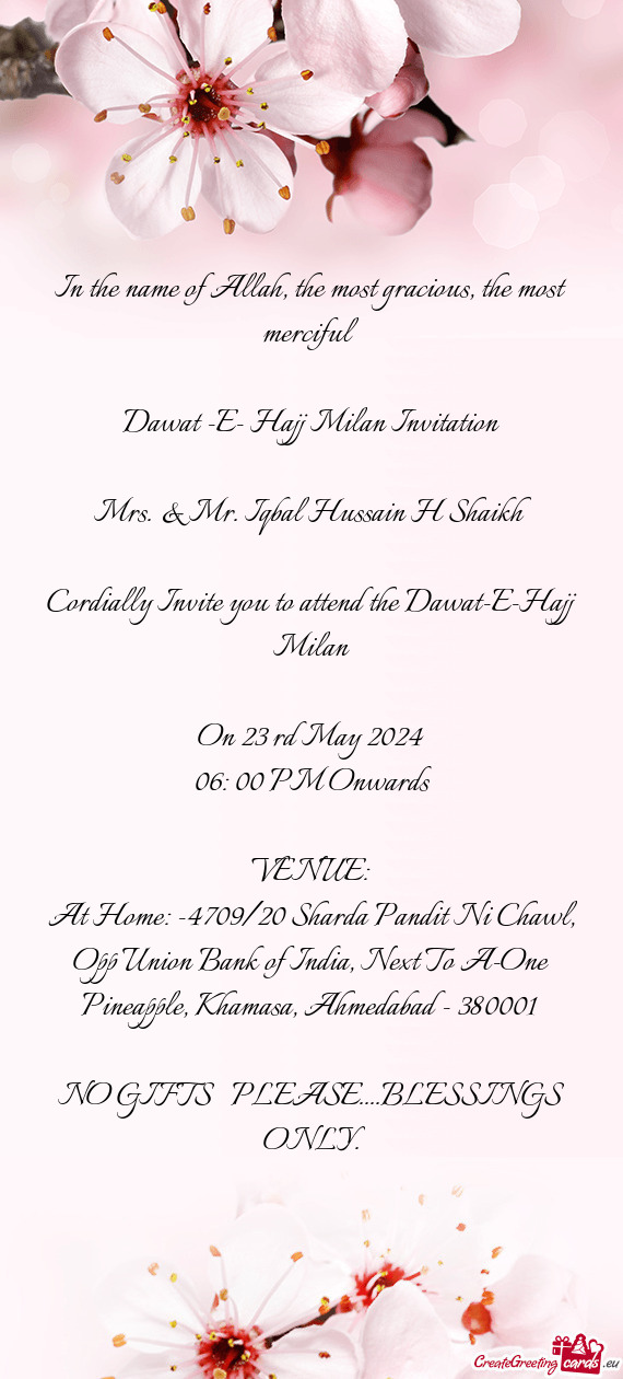 Cordially Invite you to attend the Dawat-E-Hajj Milan