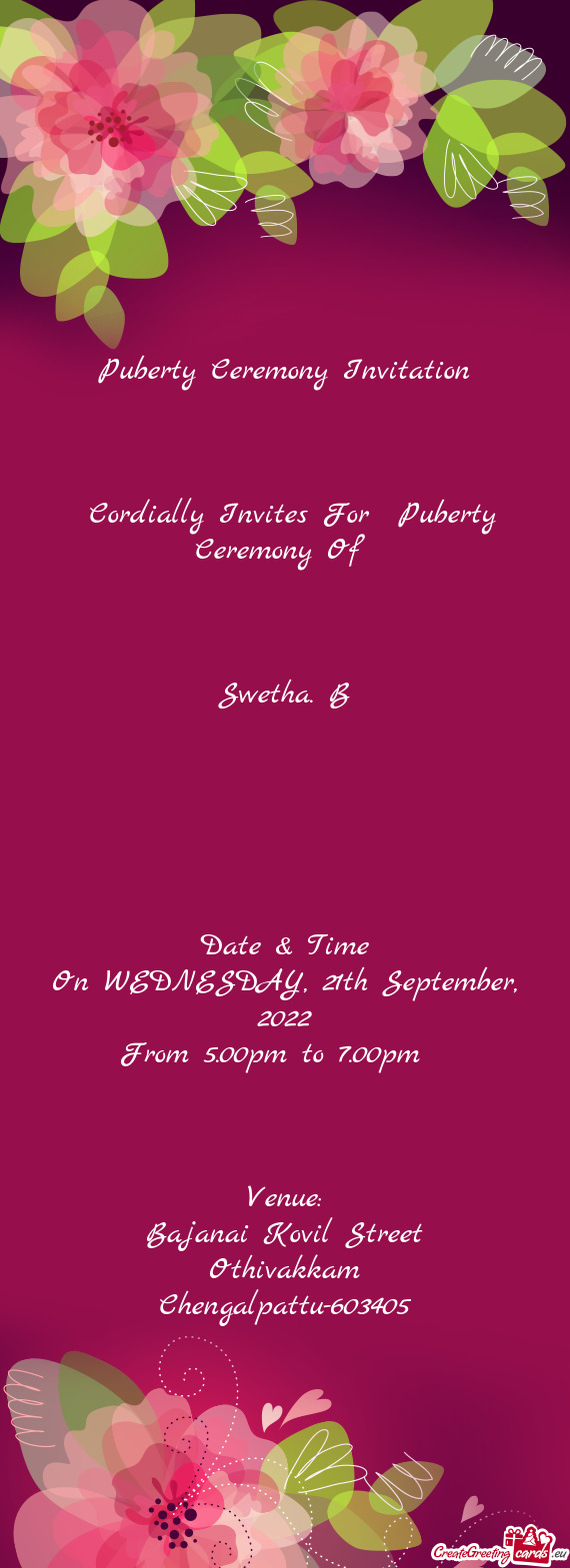 Cordially Invites For Puberty Ceremony Of