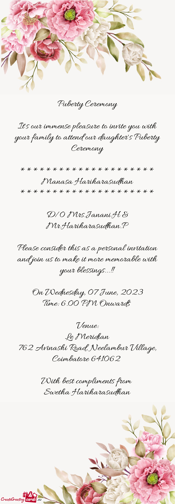 D/0 Mrs.Janani.H & Mr.Hariharasudhan.P