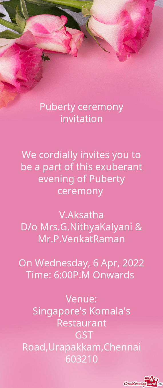 D/o Mrs.G.NithyaKalyani & Mr.P.VenkatRaman