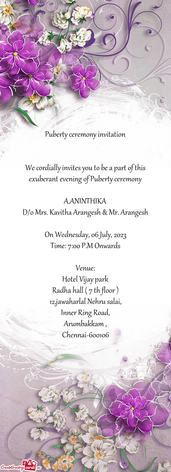 D/o Mrs. Kavitha Arangesh & Mr. Arangesh