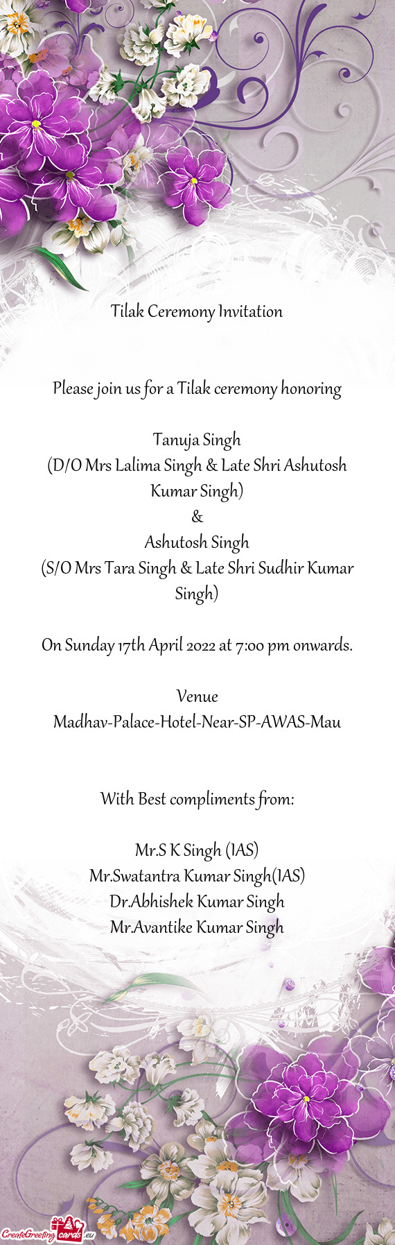 (D/O Mrs Lalima Singh & Late Shri Ashutosh Kumar Singh)