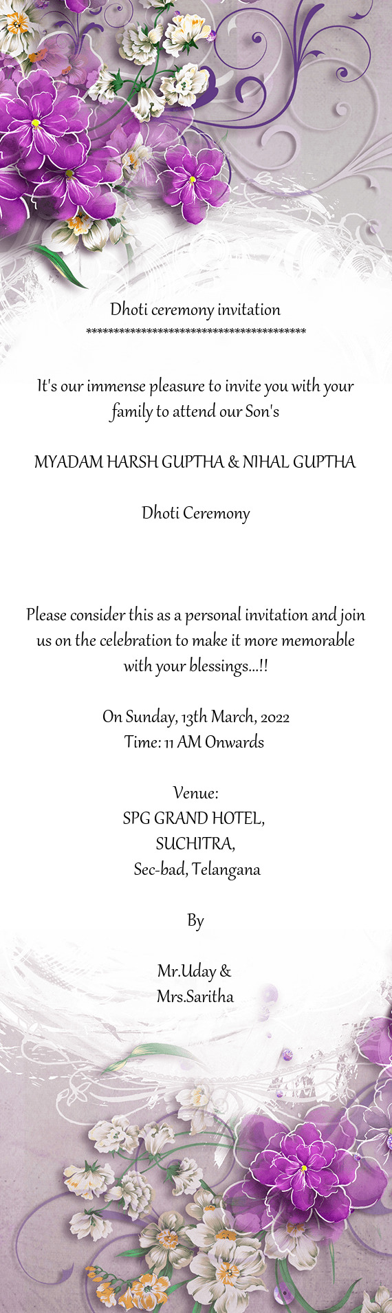 Dhoti ceremony invitation