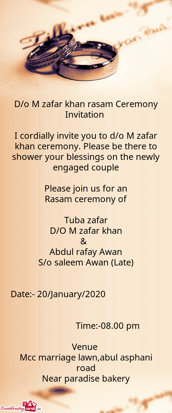 D/o M zafar khan rasam Ceremony Invitation