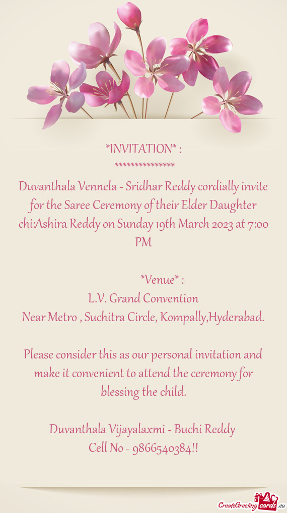 Duvanthala Vennela - Sridhar Reddy cordially invite for the Saree Ceremony of their Elder Daughter c