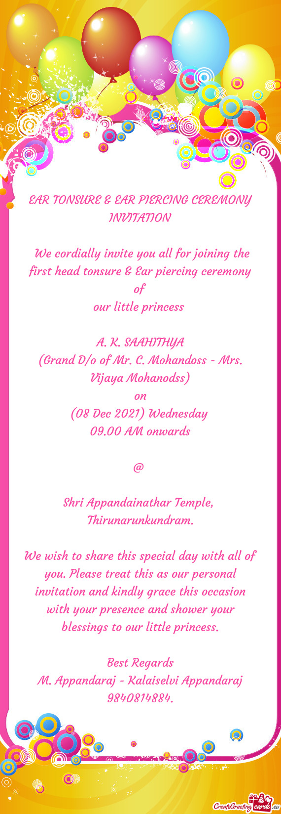 Ear Tonsure Ear Piercing Ceremony Invitation Free Cards