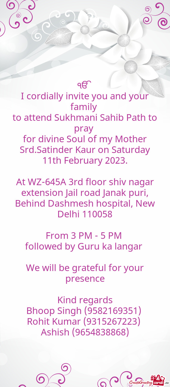 For divine Soul of my Mother Srd.Satinder Kaur on Saturday 11th February 2023