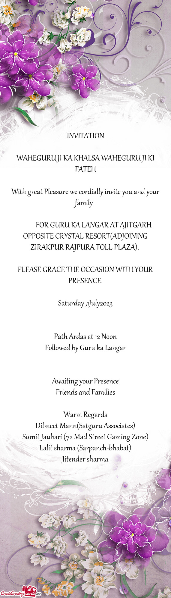 FOR GURU KA LANGAR AT AJITGARH OPPOSITE CRYSTAL RESORT(ADJOINING ZIRAKPUR RAJPURA TOLL PL
