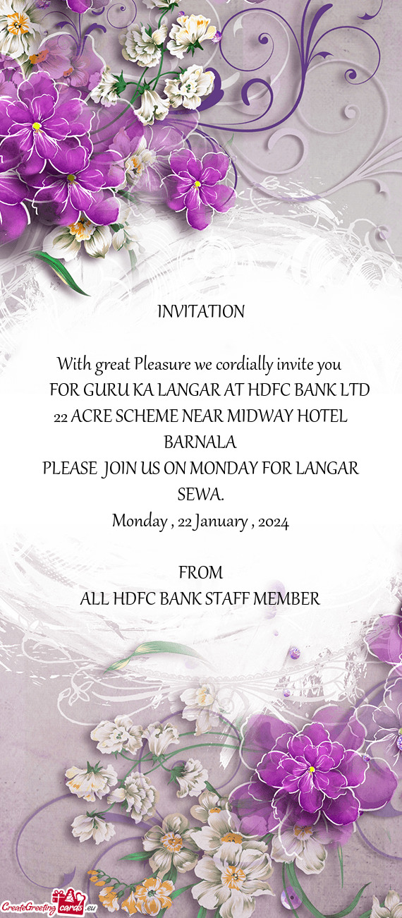 FOR GURU KA LANGAR AT HDFC BANK LTD 22 ACRE SCHEME NEAR MIDWAY HOTEL BARNALA