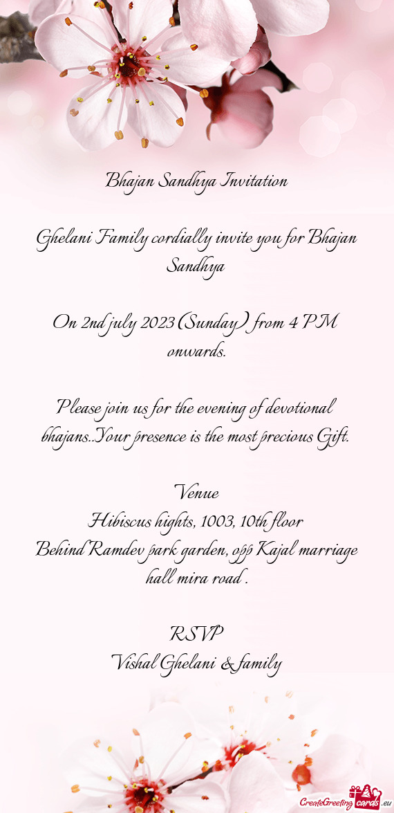 Ghelani Family cordially invite you for Bhajan Sandhya