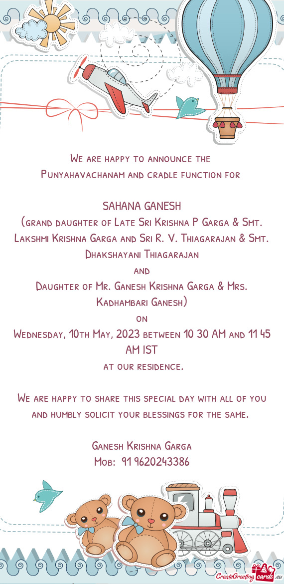(grand daughter of Late Sri Krishna P Garga & Smt. Lakshmi Krishna Garga and Sri R. V. Thiagarajan &