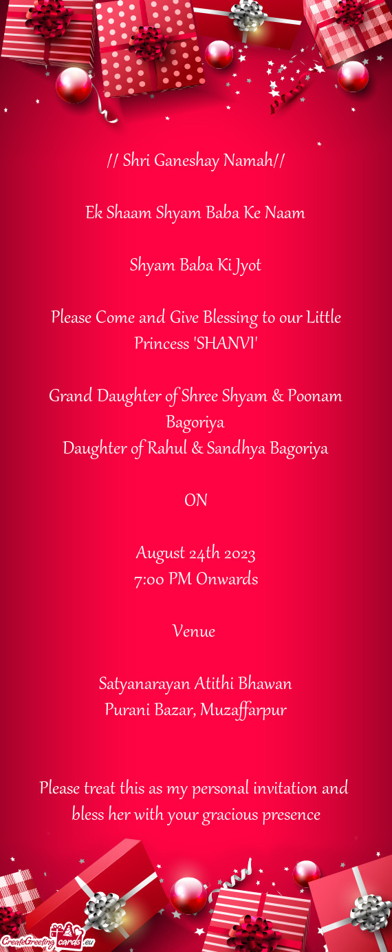 Grand Daughter of Shree Shyam & Poonam Bagoriya