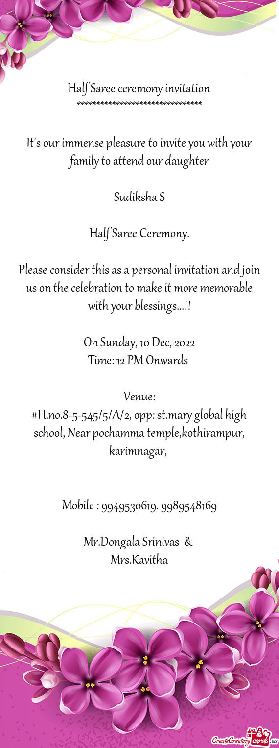 #H.no.8-5-545/5/A/2, opp: st.mary global high school, Near pochamma temple,kothirampur, karimnagar