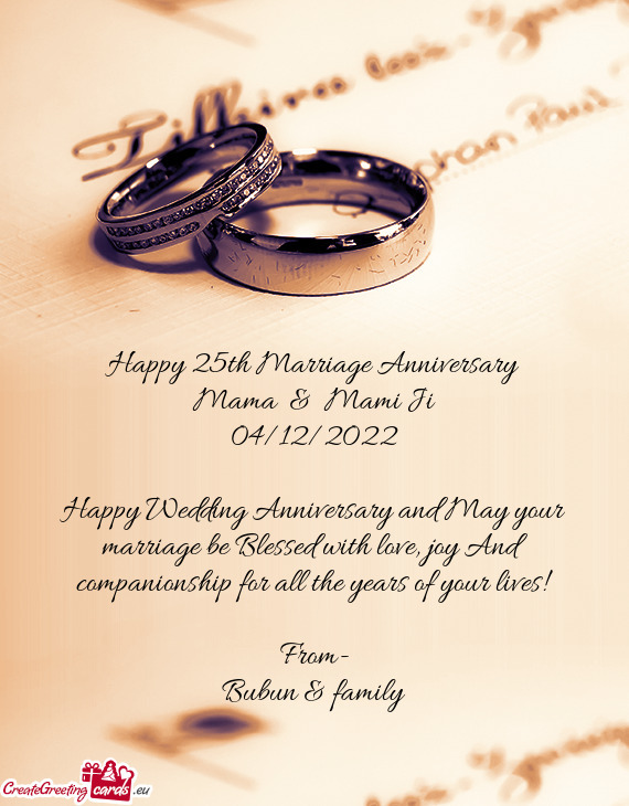 Happy Wedding Anniversary and May your marriage be Blessed with love, joy And companionship for all
