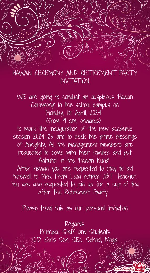 HAWAN CEREMONY AND RETIREMENT PARTY INVITATION