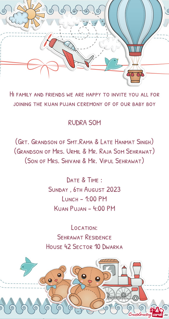 Hi family and friends we are happy to invite you all for joining the kuan pujan ceremony of of our b