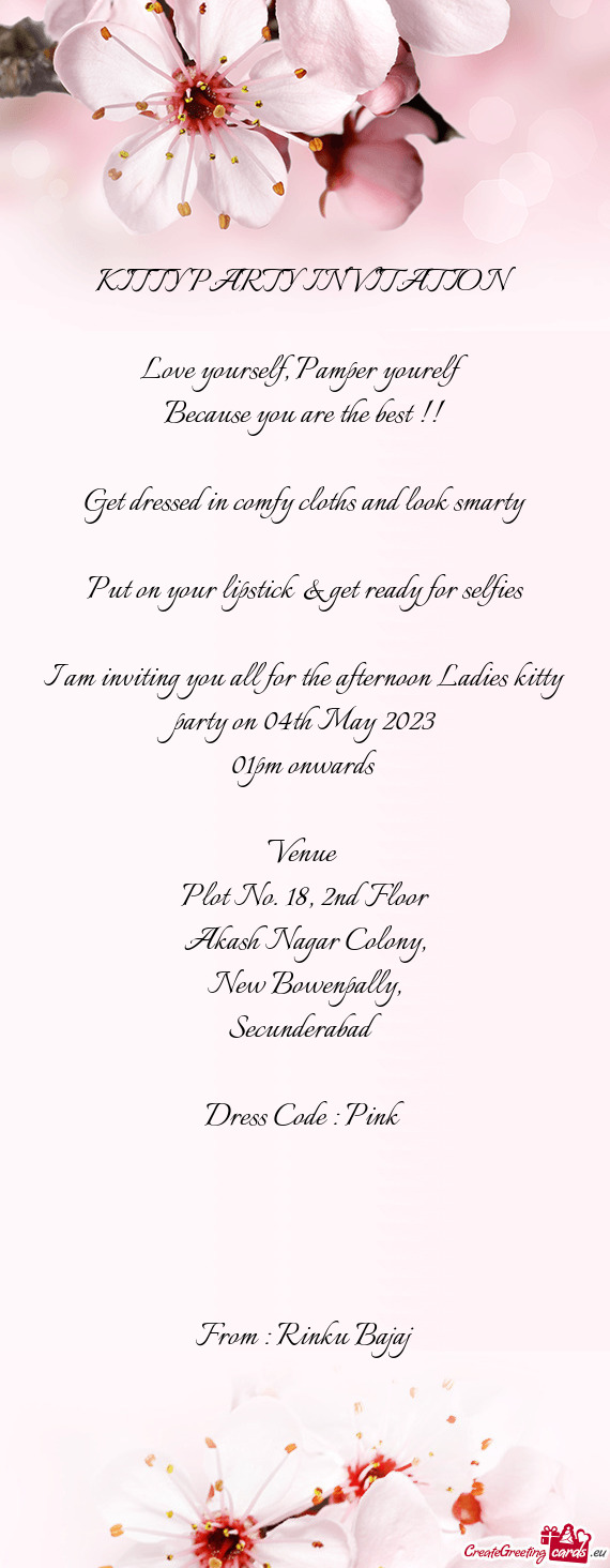I am inviting you all for the afternoon Ladies kitty party on 04th May 2023