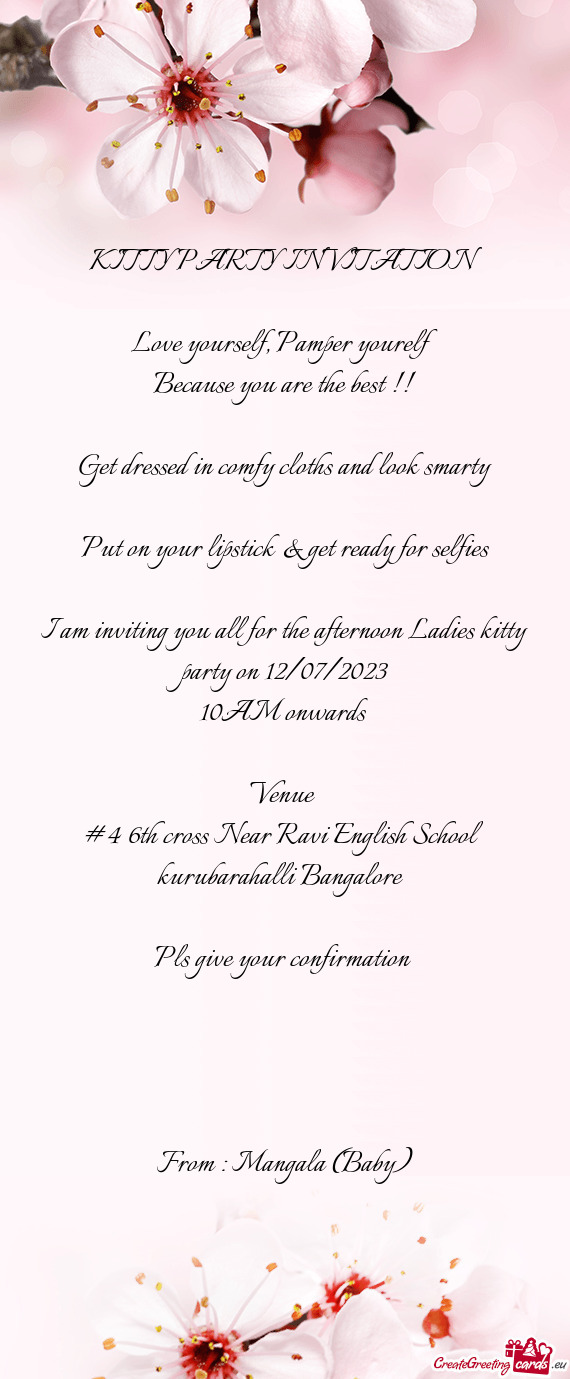 I am inviting you all for the afternoon Ladies kitty party on 12/07/2023