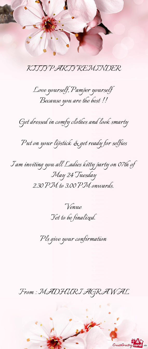 I am inviting you all Ladies kitty party on 07th of May 24 Tuesday