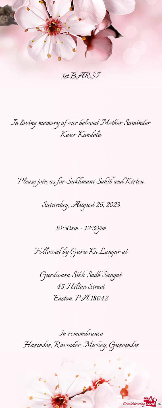 In Loving Memory Of Our Beloved Mother Saminder Kaur Kandola Free Cards