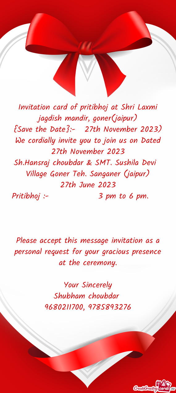 Invitation card of pritibhoj at Shri Laxmi jagdish mandir, goner(jaipur)