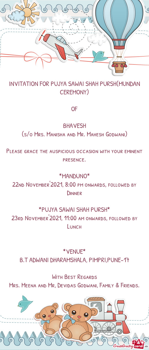 INVITATION FOR PUJYA SAWAI SHAH PURSH(MUNDAN CEREMONY)