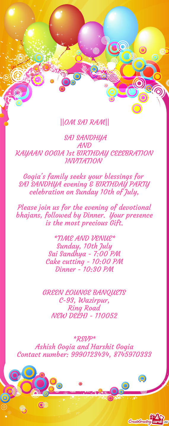 KAYAAN GOGIA Ist BIRTHDAY CELEBRATION INVITATION