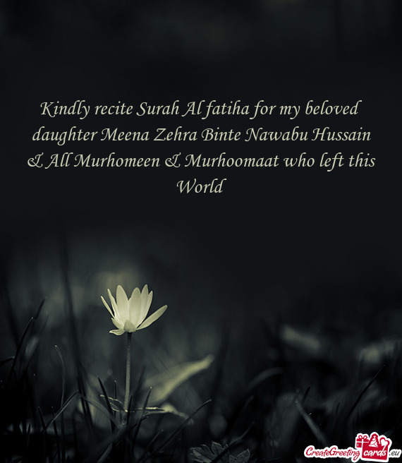 Kindly recite Surah Al fatiha for my beloved daughter Meena Zehra Binte Nawabu Hussain & All Murhome