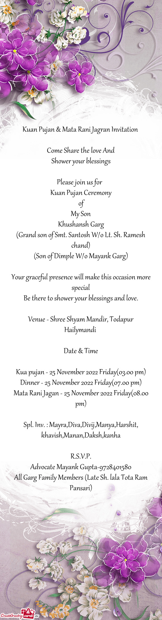 Kuan Pujan & Mata Rani Jagran Invitation