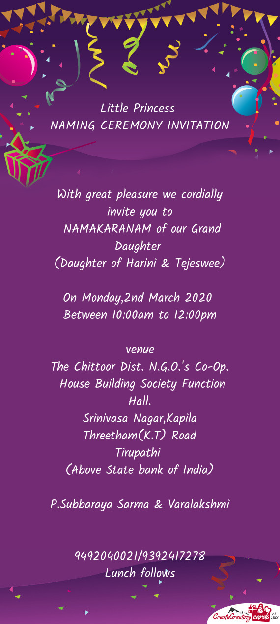 Little Princess 
 NAMING CEREMONY INVITATION 
 
 With great pleasure we cordially invite you to
 NA