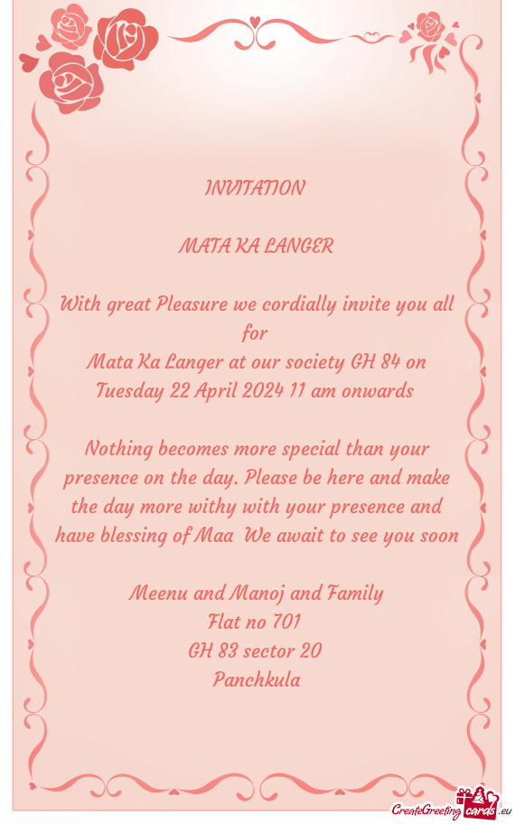Mata Ka Langer at our society GH 84 on Tuesday 22 April 2024 11 am onwards