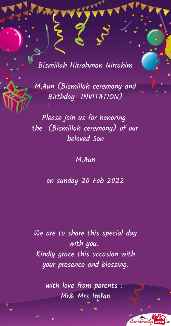 M.Aun (Bismillah ceremony and Birthday INVITATION)