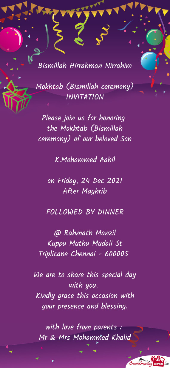 Mokhtab (Bismillah ceremony) INVITATION