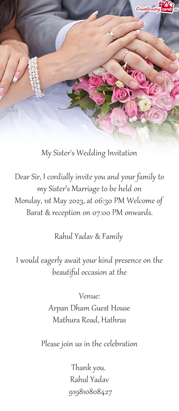 Monday, 1st May 2023, at 06:30 PM Welcome of Barat & reception on 07:00 PM onwards