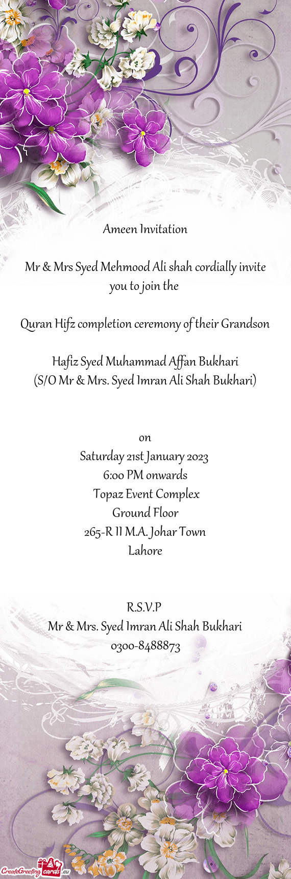 Mr & Mrs Syed Mehmood Ali shah cordially invite you to join the