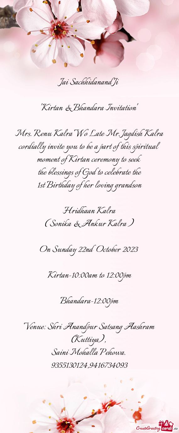 Mrs. Renu Kalra Wo Late Mr. Jagdish Kalra