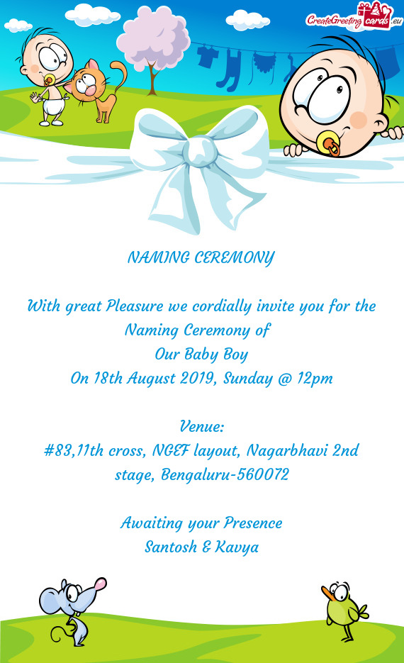 NAMING CEREMONY
 
 With great Pleasure we cordially invite you for the Naming Ceremony of 
 Our Bab