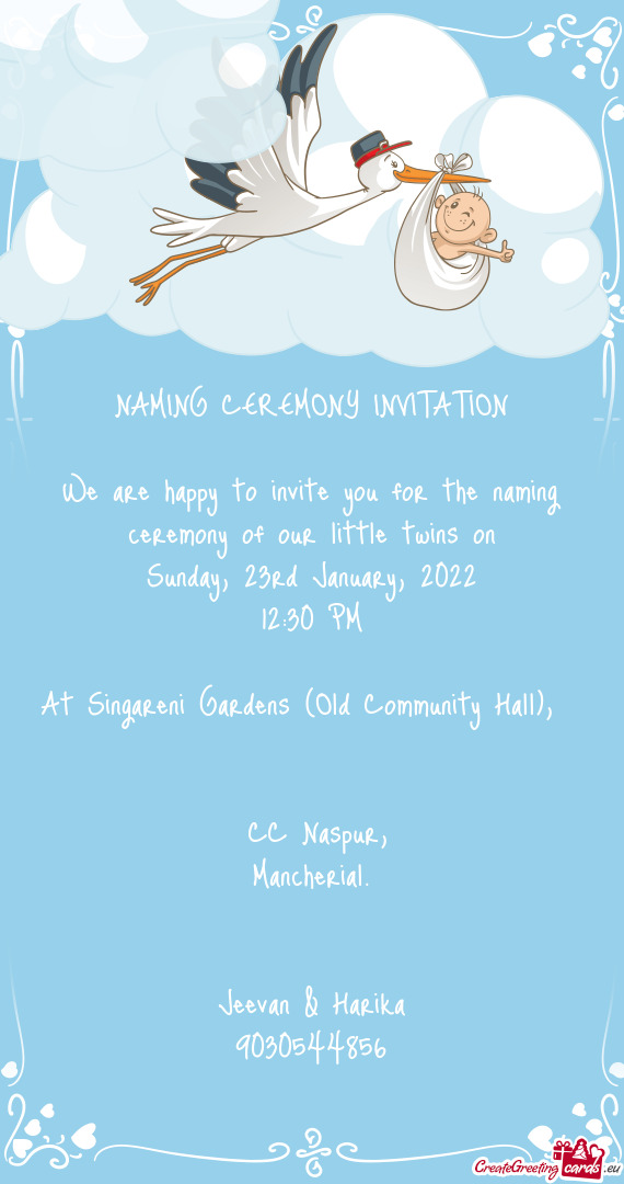 NAMING CEREMONY INVITATION
 
 We are happy to invite you for the naming ceremony of our little twins