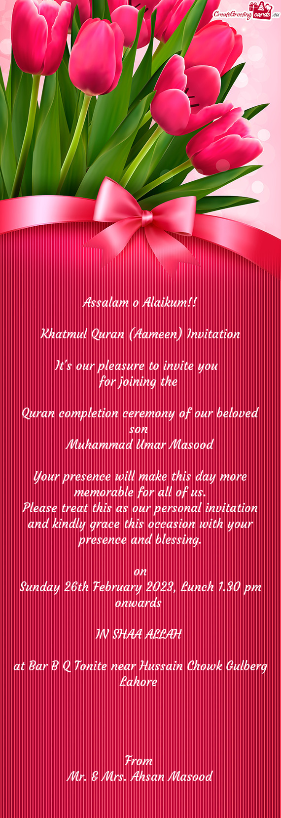 Oining the  Quran completion ceremony of our beloved son Muhammad Umar Masood Your presence