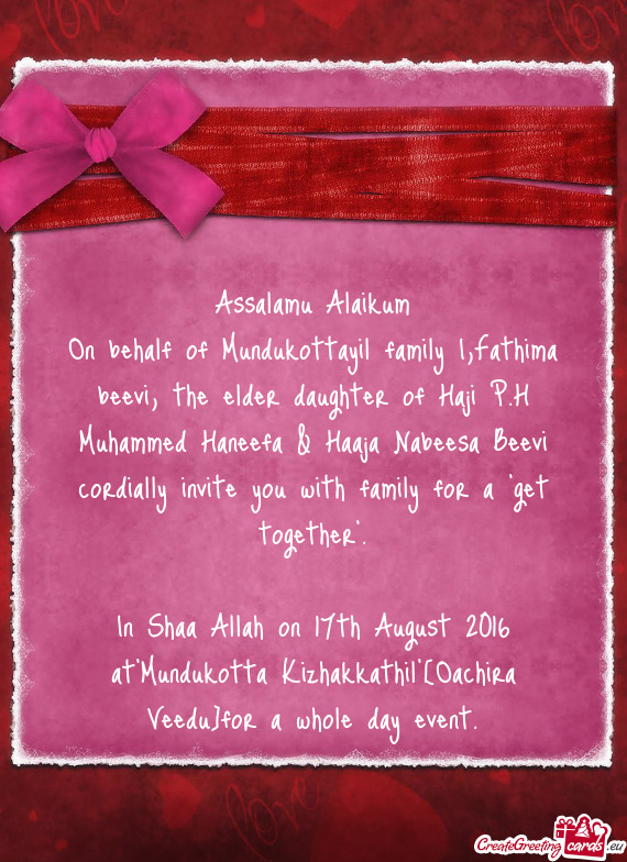 On behalf of Mundukottayil family I,Fathima beevi, the elder daughter of Haji P.H Muhammed Haneefa &